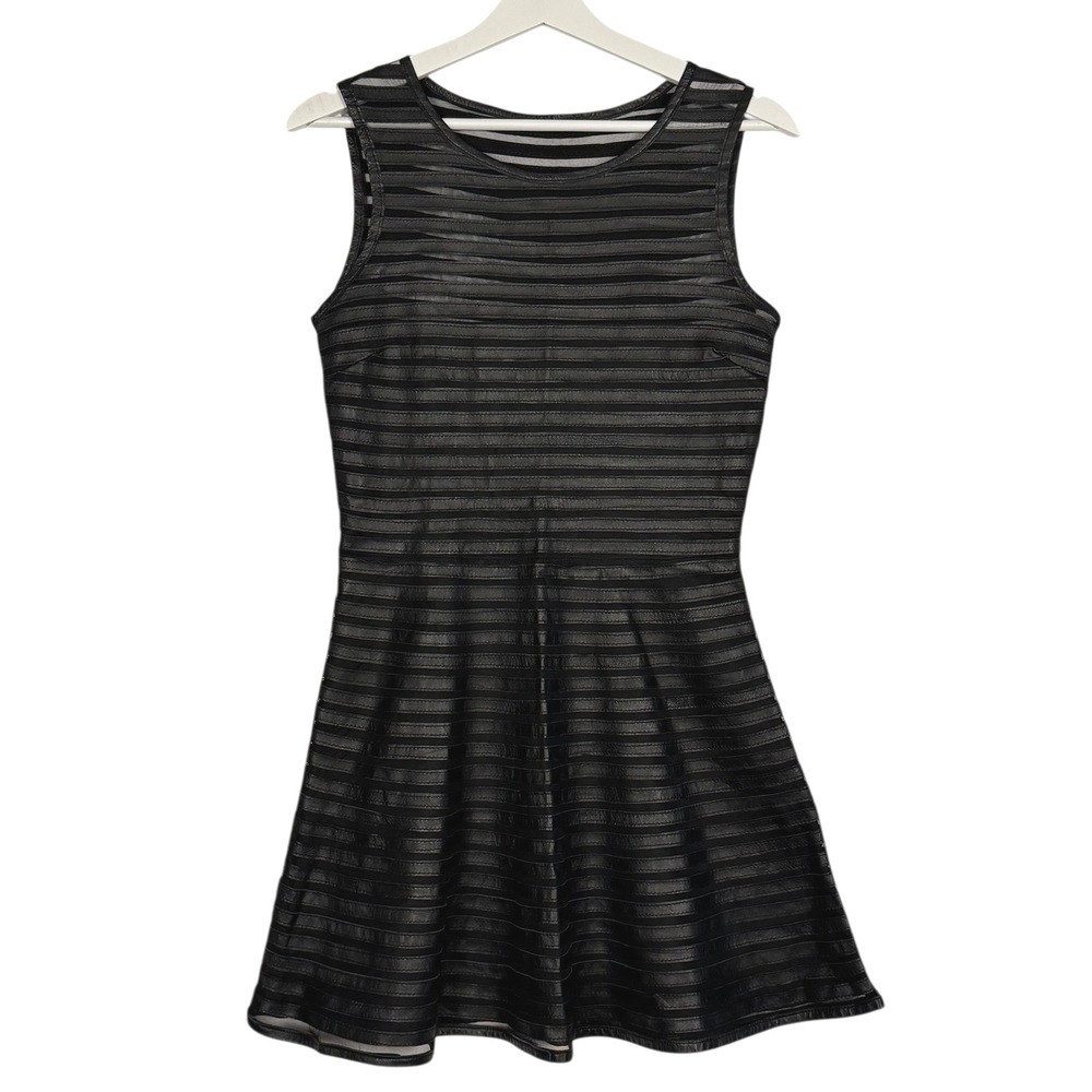 Parker Black Leather Mesh Striped‎ Fit Flare Dress Sleeveless NWT Large